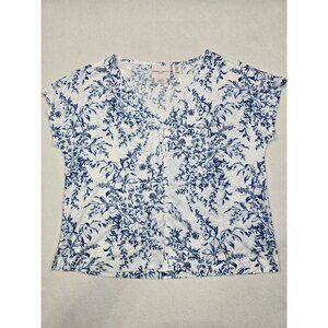Laura Ashley Womens Floral Short Sleeve Linen Lyocell Top Size M Blue & White